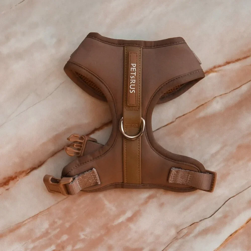 PETsRUS Premium No Pull Dog Harness 2 Leash Clip Bronze Leather Brown Neoprene